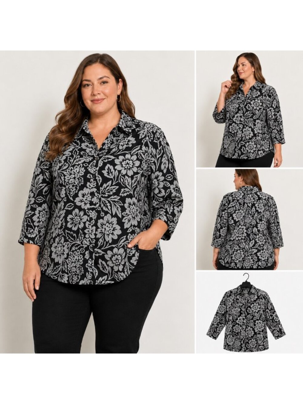 Lauren Ralph Lauren Womens Artsy Floral Button Up Top Black White Cotton 2X